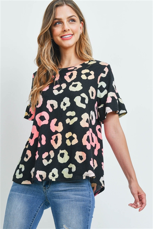 S10-14-2-PPT2219-BKCB-1 - BELL SLEEVES MULTICOLOR ANIMAL PRINT TOP- BLACK COMBO 0-2-1-1