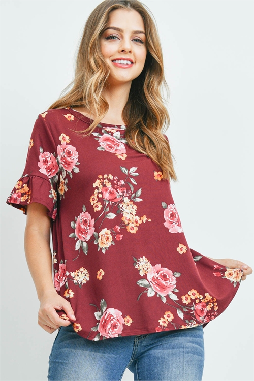 S9-19-2-PPT2221-BU-1 - SHORT SLEEVE FLORAL PRINT TOP- BURGUNDY 0-2-2-2