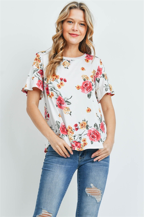 S9-19-2-PPT2221-IV-1 - SHORT SLEEVE FLORAL PRINT TOP- IVORY 0-2-2-2