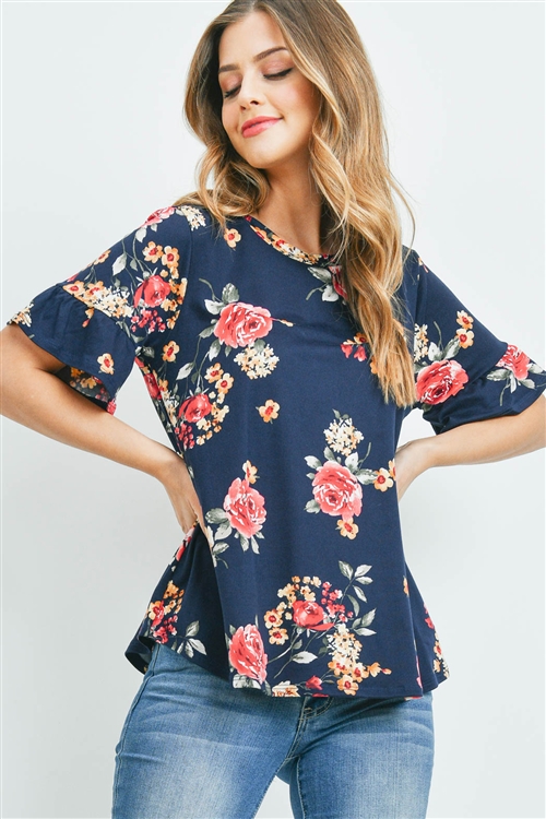 S16-2-3-PPT2221-NV - SHORT SLEEVE FLORAL PRINT TOP- NAVY 1-2-2-2