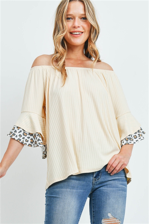 S9-20-3-PPT2222-CRMIVTP-1 - OFF-SHOULDER BRUSHED RIB BELL LEOPARD SLEEVES TOP- CREAM/IVORY/TAUPE 1-2-1-2