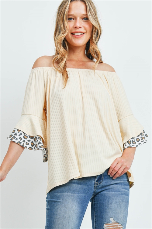 S9-14-3-PPT2222-CRMIVTP - OFF-SHOULDER BRUSHED RIB BELL LEOPARD SLEEVES TOP- CREAM/IVORY/TAUPE 1-2-2-2