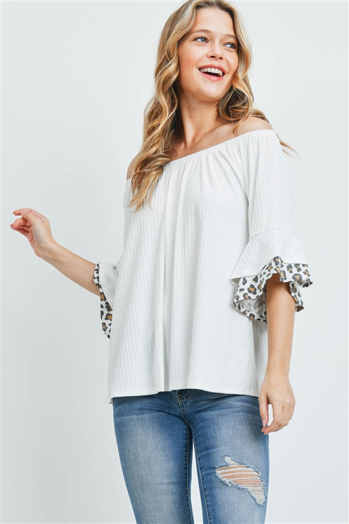 S9-20-3-PPT2222-IVIVTP-1 - OFF-SHOULDER BRUSHED RIB BELL LEOPARD SLEEVES TOP- IVORY/IVORY/TAUPE 3