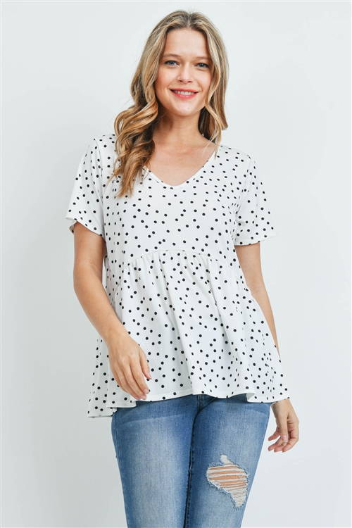 S15-8-1-PPT2224-WTBK-1 - CINCH WAIST V-NECK POLKA DOT TOP- WHITE BLACK 0-1-2-2