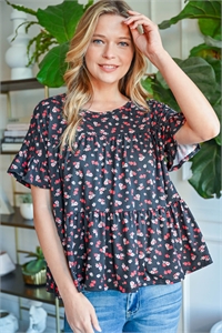 S13-5-4-PPT2225-BK-1 -RUFFLE SLEEVE FLORAL PRINT TOP-BLACK 0-2-1-1