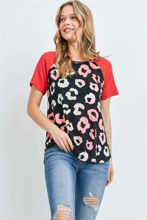 S10-17-3-PPT2227-BKCBRD-1 - WAFFLE RAGLAN SLEEVE ANIMAL PRINT TOP- BLACK COMBO/RED 1-2-1