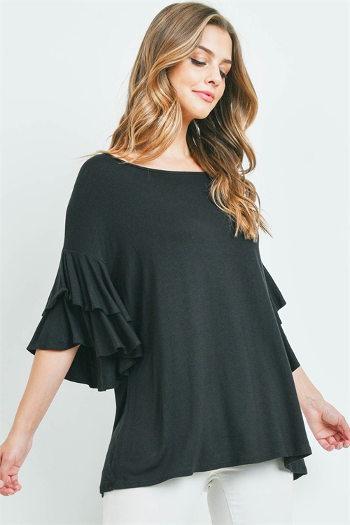 S9-3-2-PPT2229-BK - BOATNECK LAYERED RUFFLE SLEEVES TOP- BLACK 1-2-2-2