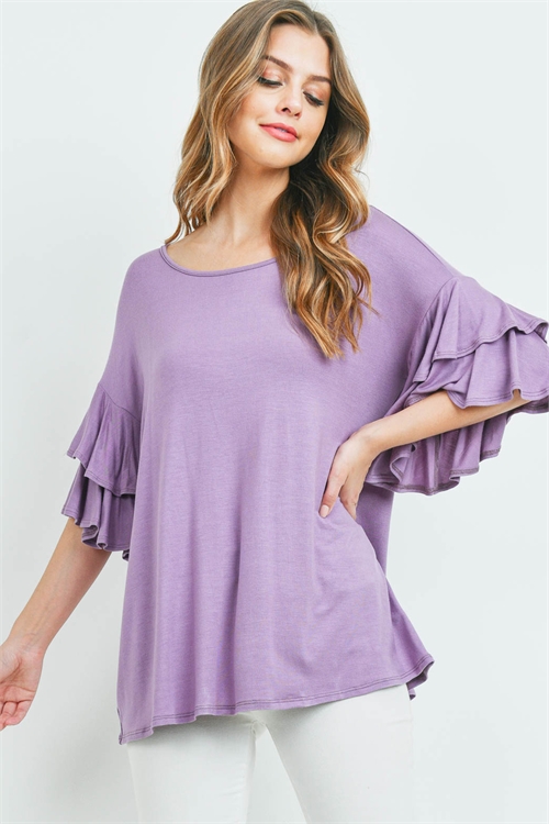S16-10-1-PPT2229-DSTLVD-1 - BOATNECK LAYERED RUFFLE SLEEVES TOP- DUSTY LAVENDER 0-2-2-2
