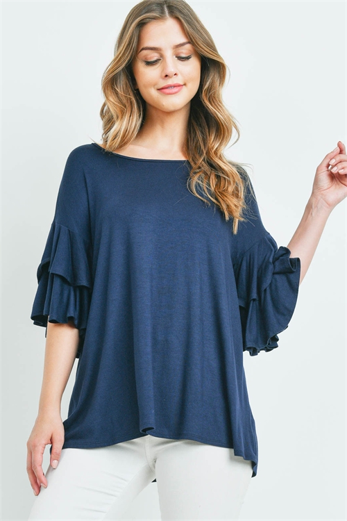 BLK-12-1-PPT2229-NV-A -BOATNECK LAYERED RUFFLE SLEEVES TOP-NAVY 3-0-0-0