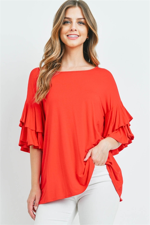 S16-10-1-PPT2229-RD-1 - BOATNECK LAYERED RUFFLE SLEEVES TOP- RED 2-2-0-1