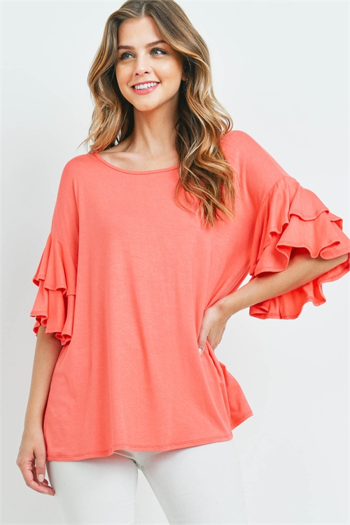 S16-10-1-PPT2229-SPORG-1 - BOATNECK LAYERED RUFFLE SLEEVES TOP- SUPER ORANGE 0-2-2-2