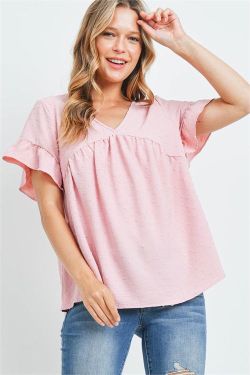 S10-12-3-PPT2230-BLS - V-NECK RUFFLE SLEEVES SWISS DOT TOP- BLUSH 1-2-2-2