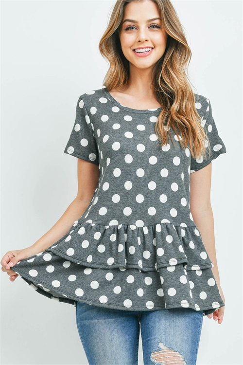 S15-12-3-PPT2232-BKOFWT-1 - SHORT SLEEVES LAYERED RUFFLE HEM POLKA DOT TOP- BLACK/OFF-WHITE 1-2-3-1