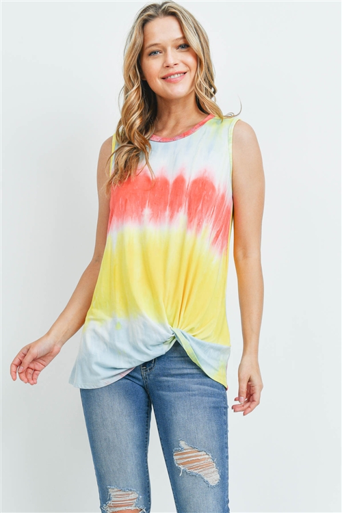 S17-12-2-PPT2234-RD-1 - TIE DYE SLEEVELESS ROUND NECK KNOT TOP- RED 0-2-2-2