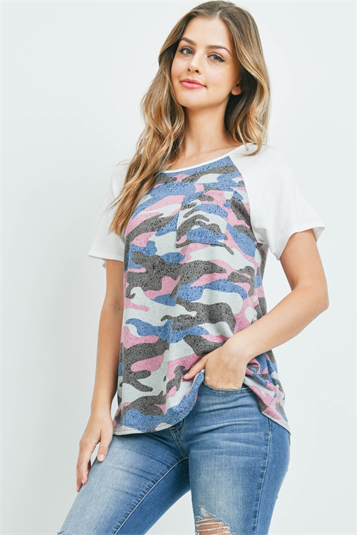 S10-14-3-PPT2238-MVBLIV-1 - RAGLAN SLEEVES CAMO RPINT POCKET TOP- MAUVE/BLUE/IVORY 0-2-2-2