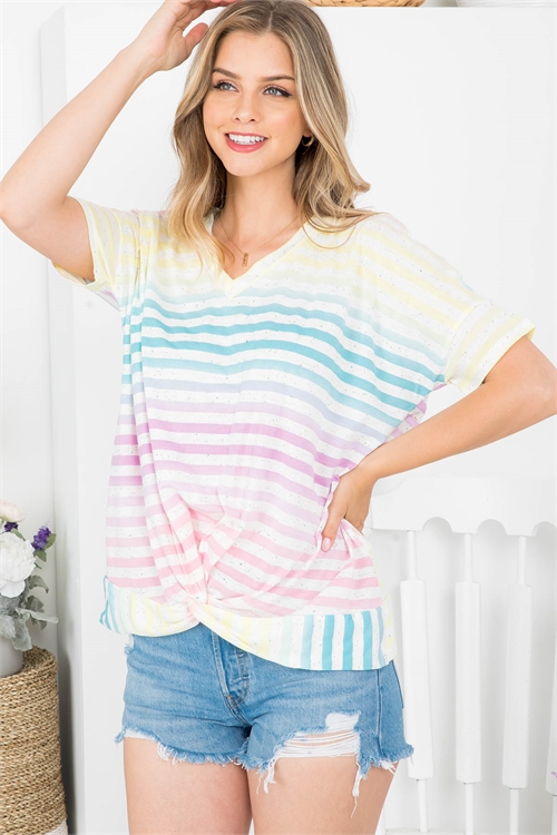 S4-10-2-PPT2240-CRLYLWMNT - V-NECK DOLMAN SLEEVES OMBRE STRIPES KNOT TOP- CORAL/YELLOW/MINT 1-2-2-2