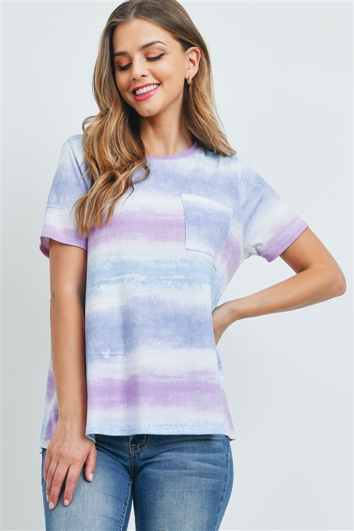 S6-1-3-PPT2247-LVDPPL - ROUND NECK TIE DYE POCKET TOP- LAVENDER/PURPLE 1-2-2-2