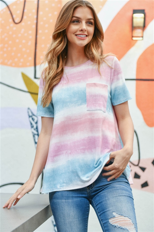 S15-9-1-PPT2247-PKSFBL-1 - ROUND NECK TIE DYE POCKET TOP- PINK/SEAFOAM BLUE 0-2-2-2