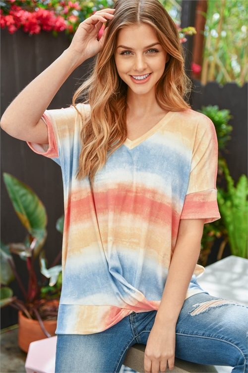 S14-11-2-PPT2248-BLPKTP-1 - V-NECK TIE DYE TWIST FRONT TOP- BLUE/PINK/TAUPE 0-1-2-2