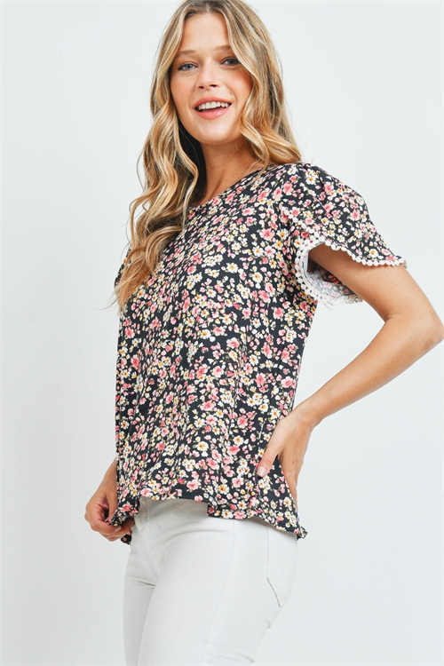 S10-6-3-PPT2249-BK - POMPOM DETAIL SLEEVES FLORAL PRINT TOP- BLACK 1-2-2-2