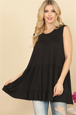 S16-12-3-PPT2251-BK-1 - TIERED RUFFLE SOLID TANK TOP- BLACK 0-1-2-1