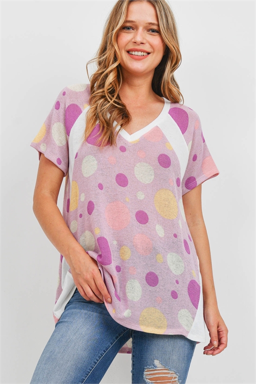 S14-11-2-PPT2252-LVDMLTIV-1 - MULTI-COLOR POLKA DOTS V-NECK TOP- LAVENDER/MULTI/IVORY 0-0-1-2