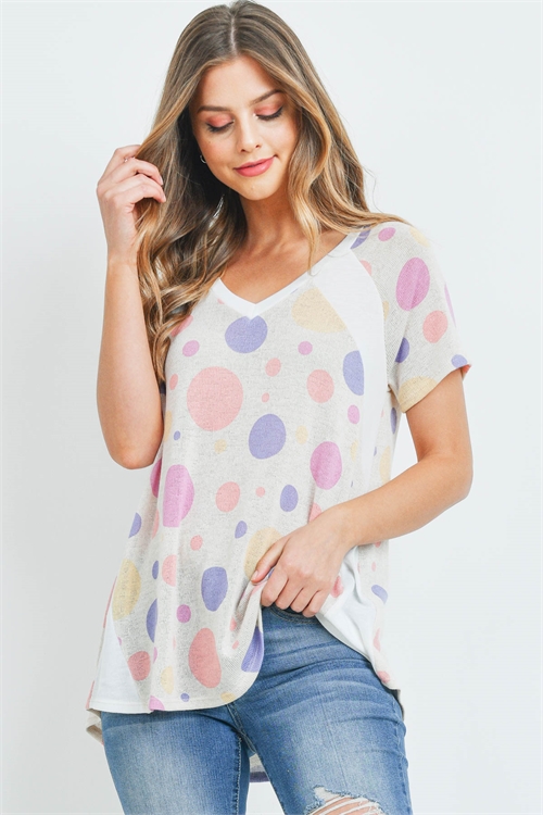 S12-1-1-PPT2252-OTMMLTIV - MULTI-COLOR POLKA DOTS V-NECK TOP- OATMEAL/MULTI/IVORY 1-2-2-2