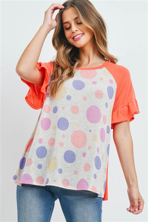 S15-9-1-PPT2253-OTMCRL-1 - RUFFLE RAGLAN SLEEVES MULTI-COLOR POLKA DOT TOP- OATMEAL/MULTI/CORAL 0-2-2-2