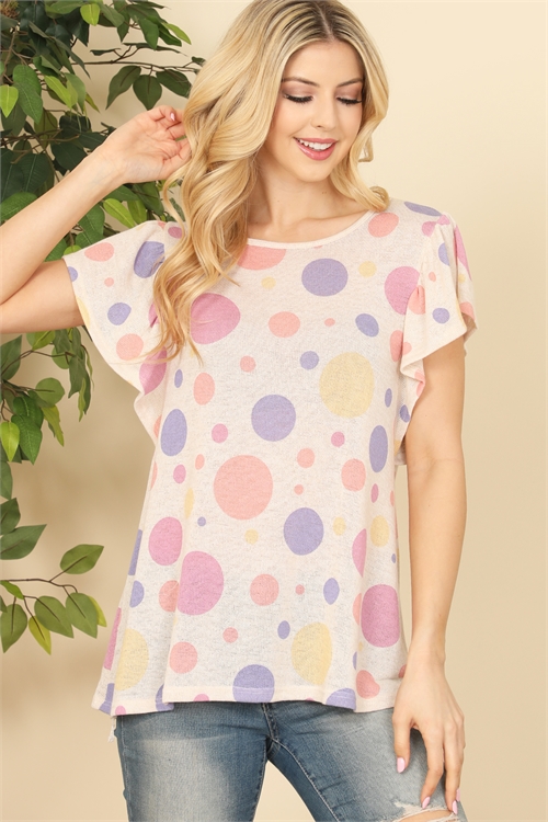SA4-7-1-PPT2254-OTMMLTI - RUFFLE CAP SLEEVES LOW GAUGE POLKA DOT TOP- OATMEAL MULTI 1-2-2-2 (NOW $2.50 ONLY!)