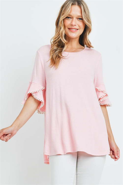 SA3-0-4-PPT2255-BBYPK - POMPOM BELL SLEEVES BRUSHED TOP- BABY/PINK 1-2-2-2