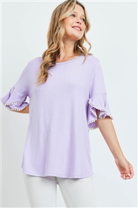 S15-11-3-PPT2255-LVD-1 - POMPOM BELL SLEEVES BRUSHED TOP- LAVENDER 0-2-2-2