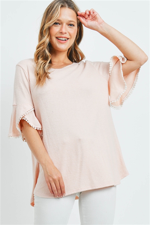 S15-11-3-PPT2255-ND-1 - POMPOM BELL SLEEVES BRUSHED TOP- NUDE 0-2-2-2