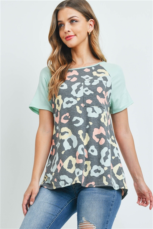 S15-11-3-PPT2264-BKCBDMNT-1 - RAGLAN SLEEVES LEOPARD POCKET TOP- BLACK COMBO/DUSTY MINT 0-2-2-2