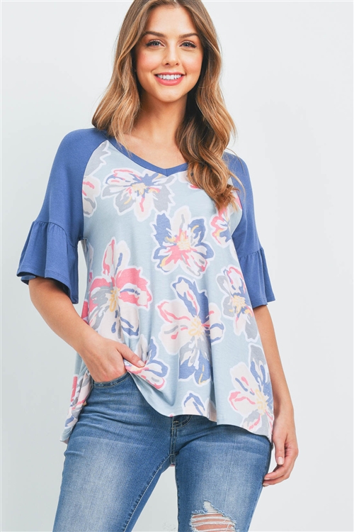 S9-5-1-PPT2265-GYBLDKDNM - FLORAL PRINT RUFFLE SLEEVES TOP- GREY BLUE COMBO-DARK DENIM 1-2-2-2