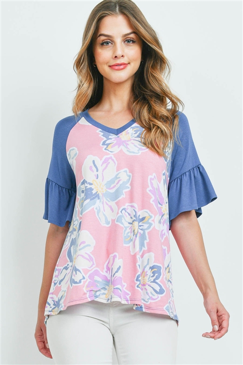 S9-5-1-PPT2265-PKDKDNM - FLORAL PRINT RUFFLE SLEEVES TOP- PINK COMBO-DARK DENIM 1-2-2-2