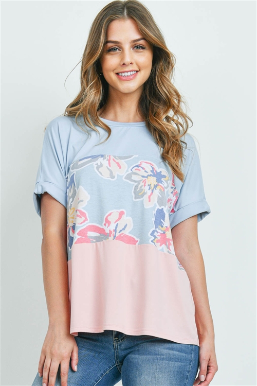 S10-17-3-PPT2266-ICBLGYBLS-1 - MULTI-COLOR CONTRAST FLORAL TOP- ICE BLUE/GREY BLUE/BLUSH 1-1-2-2