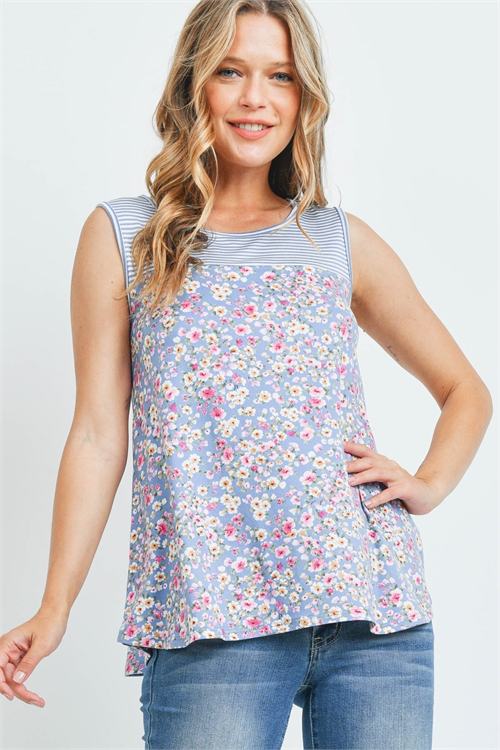 SA3-0-3-PPT2267-DNMIVDNM - STRIPES CONTRAST FLORAL PRINT TANK TOP- DENIM IVORY/DENIM 1-2-2-2