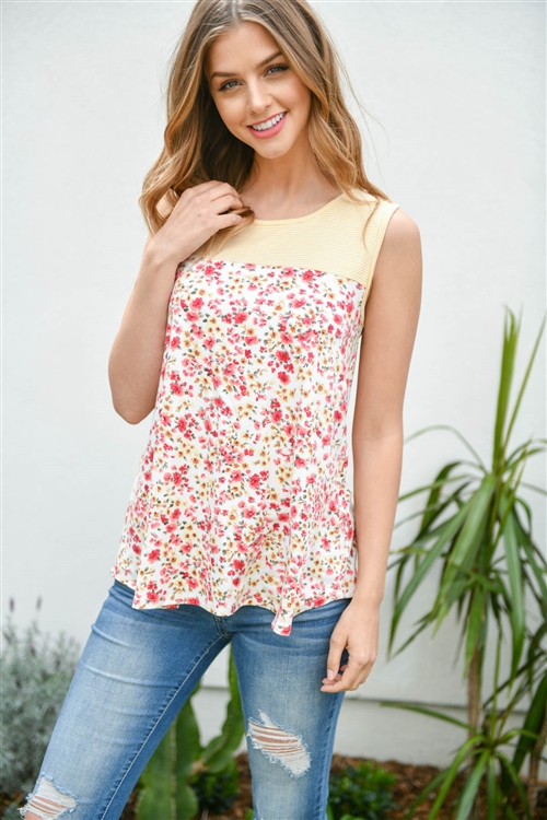 S3-000-1-PPT2267-IVMUIV - STRIPES CONTRAST FLORAL PRINT TANK TOP- IVORY MUSTARD/IVORY 1-2-2-2