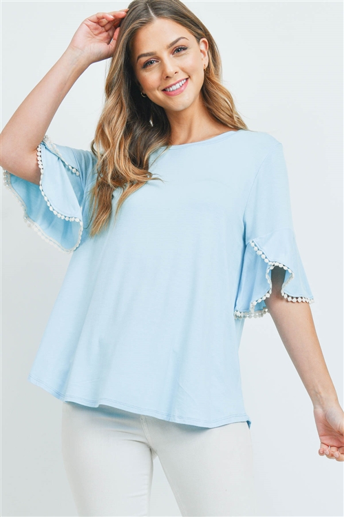 S11-9-4-PPT2268-AQ - POMPOM DETAIL BELL SLEEVES SOLID TOP- AQUA 1-2-2-2