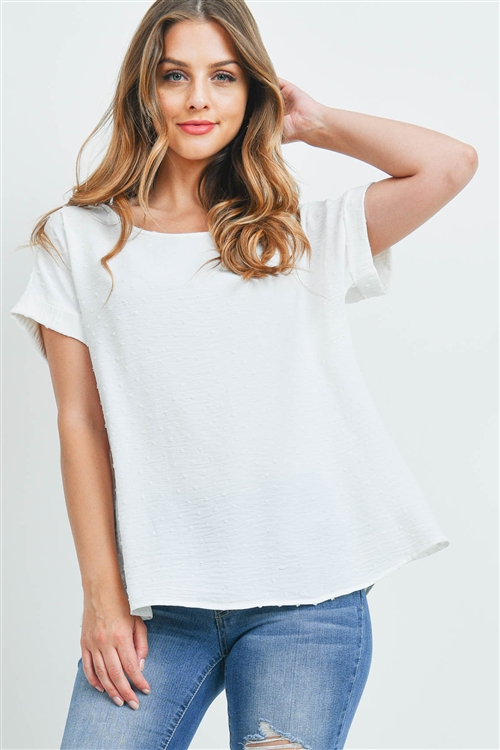 S16-11-5-PPT2269-IV-1 - SWISS DOT SHORT SLEEVES BOAT NECK TOP- IVORY 1-2-1-2