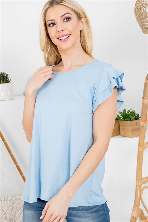 S15-8-3-PPT2276-BBYBL - BOAT NECK RUFFLE CAP SLEEVE SOLID TOP- BABY BLUE 1-2-2-2