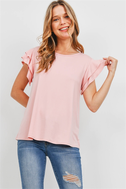 S15-1-1-PPT2276-BLS - BOAT NECK RUFFLE CAP SLEEVE SOLID TOP- BLUSH 1-2-2-2