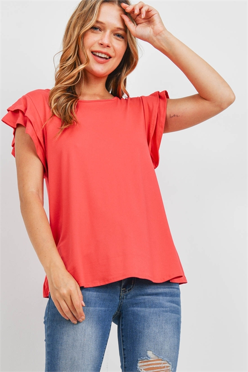 S14-1-1-PPT2276-CRL - BOAT NECK RUFFLE CAP SLEEVE SOLID TOP- CORAL 1-2-2-2