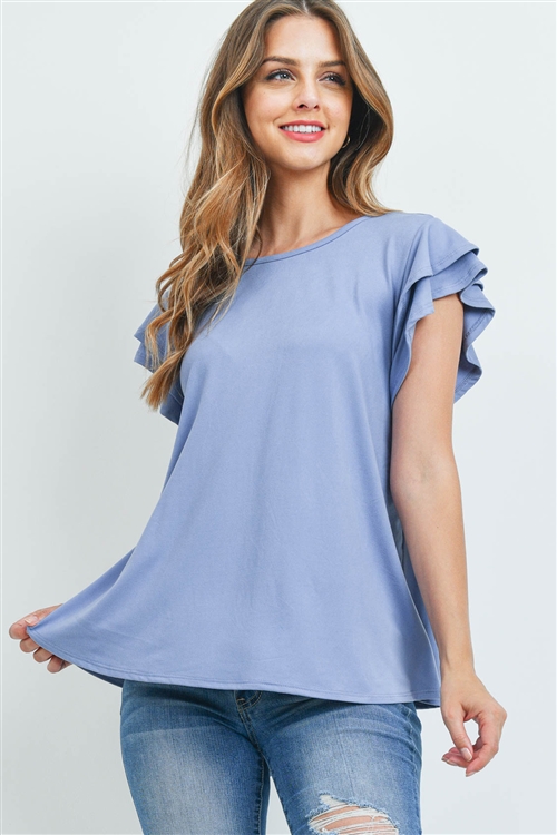 S9-18-2-PPT2276-DNM-1 - BOAT NECK RUFFLE CAP SLEEVE SOLID TOP- DENIM 0-2-1-0