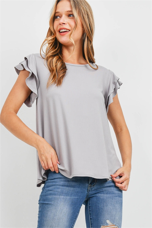 S16-12-4-PPT2276-LTGY-1 - BOAT NECK RUFFLE CAP SLEEVE SOLID TOP- LIGHT GREY 0-2-2-2