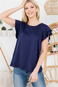 S9-4-4-PPT2276-NV - BOAT NECK RUFFLE CAP SLEEVE SOLID TOP- NAVY 1-2-2-2