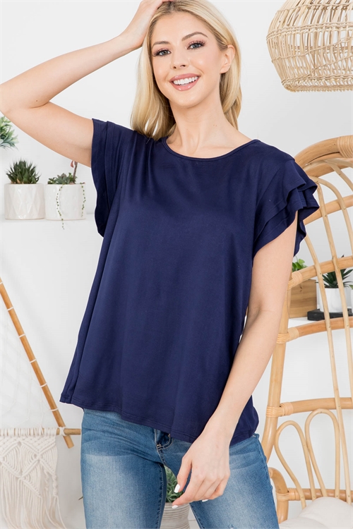 S14-8-4-PPT2276-NV-1 - BOAT NECK RUFFLE CAP SLEEVE SOLID TOP- NAVY 0-2-2-2