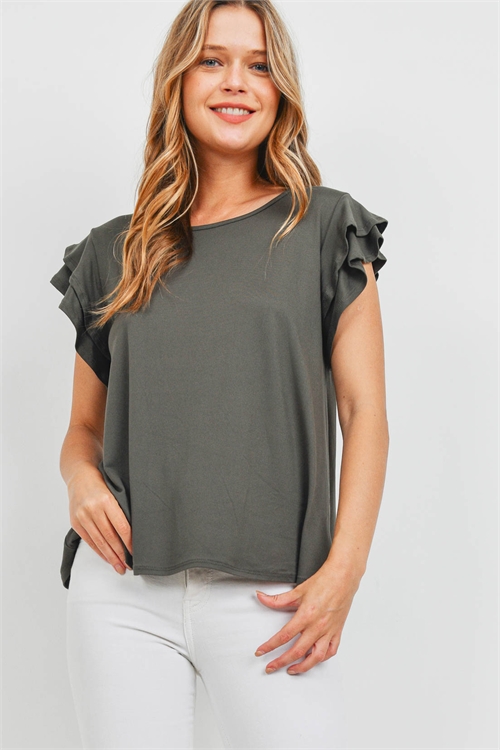 S13-1-1-PPT2276-OV - BOAT NECK RUFFLE CAP SLEEVE SOLID TOP- OLIVE 1-2-2-2