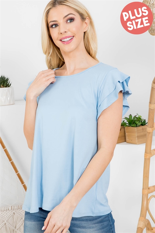 S9-3-4-PPT2276X-BBYBL-1 - PLUS SIZE BOAT NECK RUFFLE CAP SLEEVE SOLID TOP- BABY BLUE 2-2-1