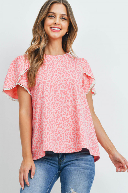 S9-19-3-PPT2277-CRL-1 - POMPOM DETAIL TULIP SLEEVES LEOPARD TOP- CORAL 0-1-2-1